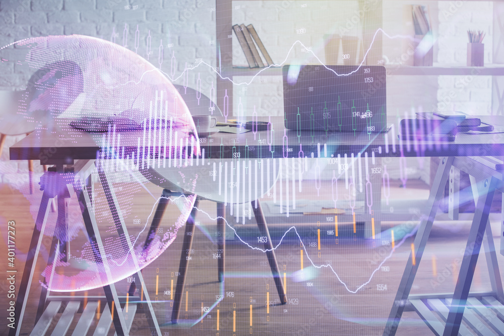 Multi exposure of stock market chart drawing and office interior background. Concept of financial analysis. Multi exposure of stock market chart drawing and office interior background. Concept of financial analysis.