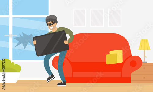 Male Thief Stealing Television from House, Burglar Committing Robbery, Criminal Scene Flat Vector Illustration