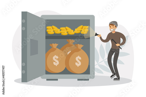 Male Burglars Stealing Money from Safe, Thief Committing Robbery, Lawless Financial Criminal Scene Flat Vector Illustration