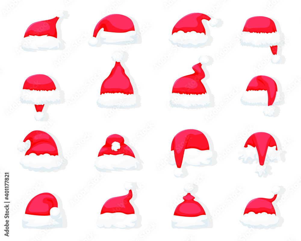Set of Christmas Santa Claus hats isolated on white background. Christmas bright, red Santa Claus hats with fur and fur bubo. Vector illustration