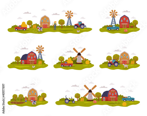 Farm Scenes Collection, Farm Buildings, Farmers, Agricultural Transport and Livestock, Summer Rural Landscape, Agriculture and Farming Concept Cartoon Style Vector Illustration