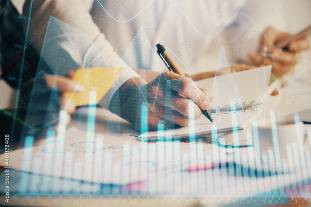 Double exposure of forex graph drawing over people taking notes background. Concept of financial analysis Double exposure of forex graph drawing over people taking notes background. Concept of financial analysis