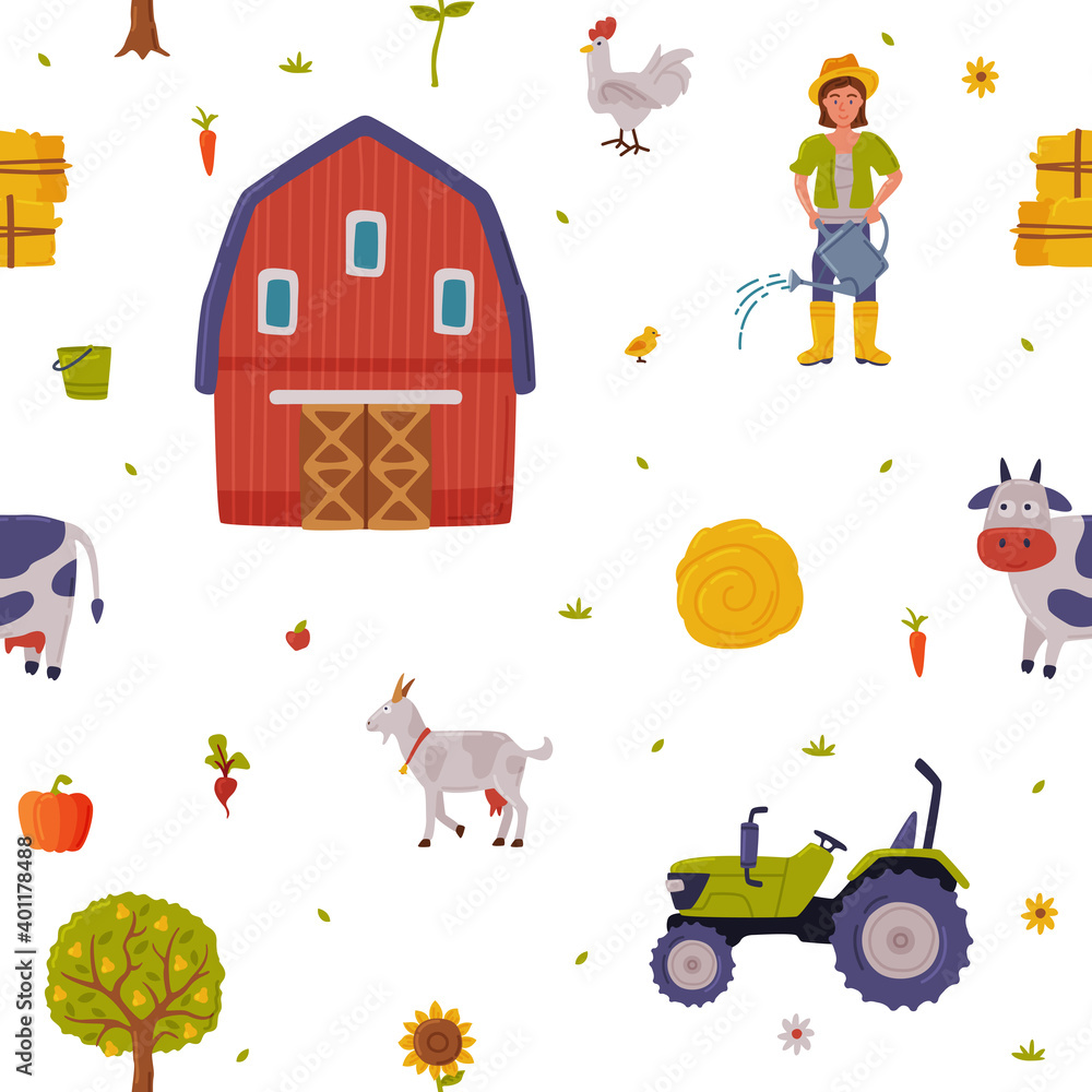 Naklejka premium Farm and Agricultural Objects Seamless Pattern, Agriculture, Gardening and Farming Background, Textile, Packaging, Wrapping Paper Design Vector Illustration