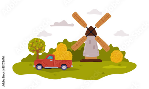 Farm Scene with Windmill and Pickup Car, Summer Rural Landscape, Agriculture, Gardening and Farming Concept Cartoon Style Vector Illustration