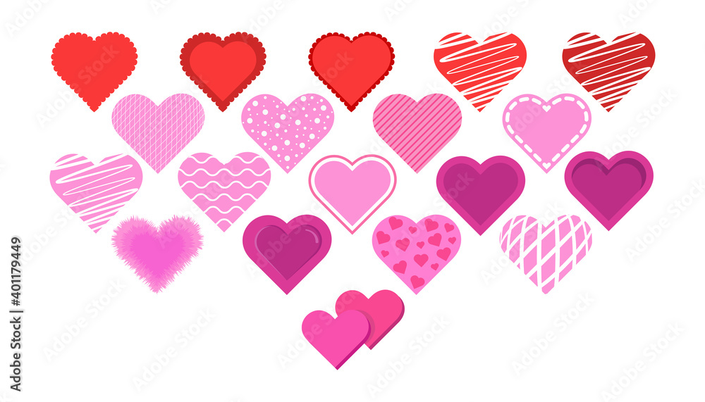 Set of red and pink hearts for Valentine's Day