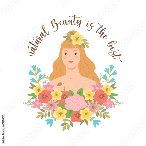 Natural beauty concept. Vector illustration of a portrait of a young woman with long blond hair in flowers in a trendy flat style. Isolated on white