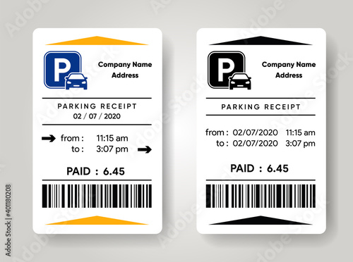 Parking receipt template. Check from parking meter mock up. Price for car stay. Entrance and exit ticket from vehicle stand. Vector illustration design.