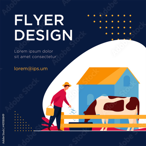Farmer feeding cow with grass. Milk, cattle, breeding flat vector illustration. Livestock and animal farm concept for banner, website design or landing web page