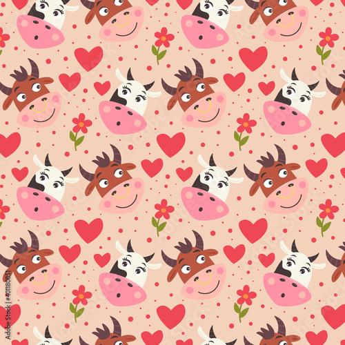 Pattern cute face of cow bull with flower and heart. Valentine's day digital paper with cute animals. Children repeatable gift wrap for lovers. Vector holiday print on beige background