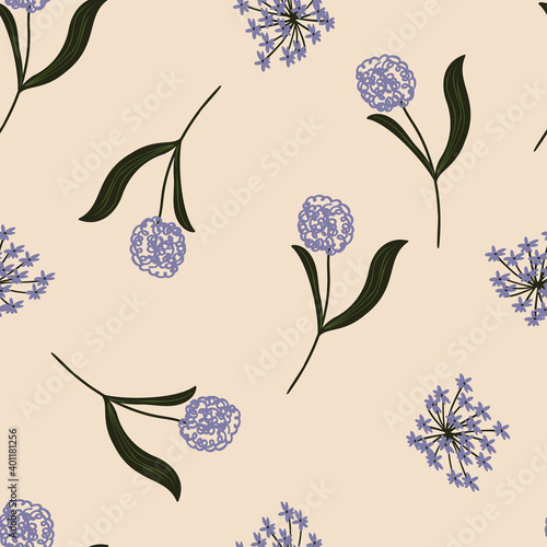 Seamless floral pattern with hand-drawn allium flowers vector illustration. Good for wallpaper, card, cover, wrapping wrap, stationary, fabric.