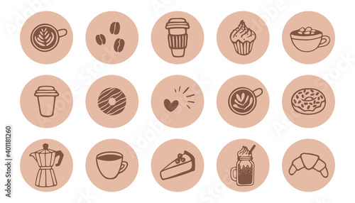 Set of highlight covers for social media stories, flat icons. Vector coffee illustrations: cups to-go, cappuccino, moka, cakes, sweets and other elements, isolated on white background.