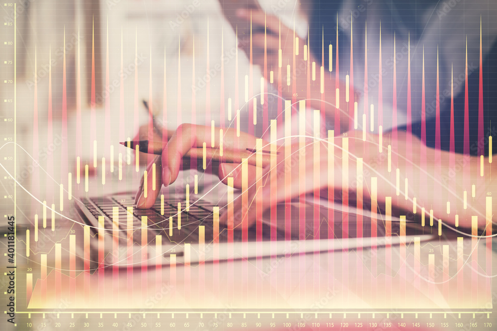 Multi exposure of woman hands typing on computer and financial graph hologram drawing. Stock market analysis concept. Multi exposure of woman hands typing on computer and financial graph hologram drawing. Stock market analysis concept.