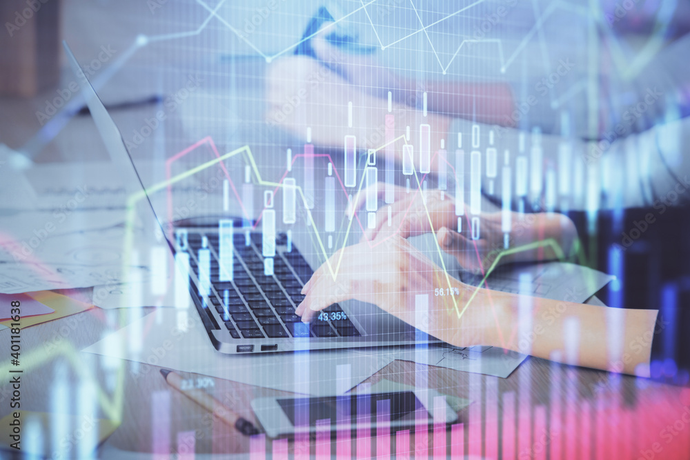 Multi exposure of woman hands typing on computer and financial chart hologram drawing. Stock market analysis concept. Multi exposure of woman hands typing on computer and financial chart hologram drawing. Stock market analysis concept.