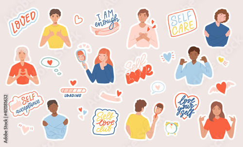 Set of stickers with people, motivational phrases and hearts. Concept of body positive, self-love and self-acceptance. Flat cartoon illustration