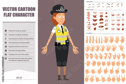 Cartoon flat funny police woman character in yellow jacket with badge. Ready for animations. Face expressions, eyes, brows, mouth and hands easy to edit. Isolated on violet background. Vector set.
