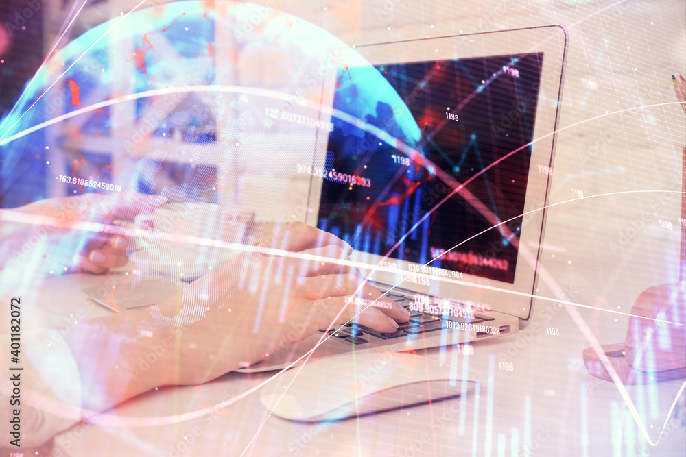 Double exposure of woman hands typing on computer and forex chart hologram drawing. Stock market analysis concept. Double exposure of woman hands typing on computer and forex chart hologram drawing. Stock market analysis concept.