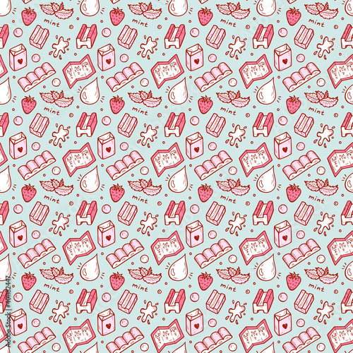 Vector Sweets. Bubble Gum, Fruits, Berries Seamless pattern. Hand Drawn Doodle Chewing Gums.

