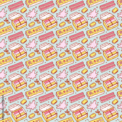 Vector Sweets. Bubble Gum, Fruits, Berries Seamless pattern. Hand Drawn Doodle Chewing Gums.
