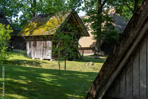 Characteristic stable for German moorland sheep with a straw roof  in the natural preserve Lueneburger Heide