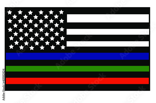 Vector illustration of USA black and white flag with a thin blue, green and red lines in honour of firefighters, law enforcement officers and the USA military. 