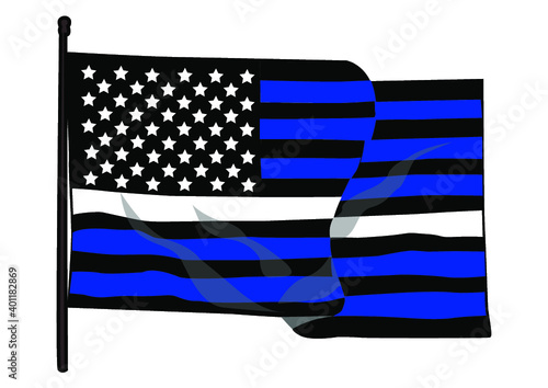 Vector illustration of USA black and blue waved flag with a thin white line in honour of Emergency Medical Services and Emergency Medical Technicians, paramedics.