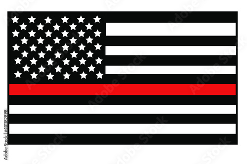 Vector illustration of USA black and white flag with with a thin red line in honour of firefighters. Firefighters lives matter symbol. 