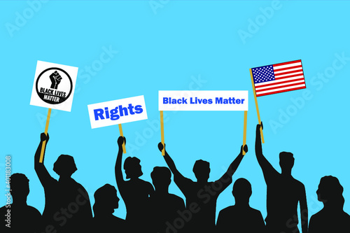 Vector illustration of demonstrators holding posters to support black lives matter movement on blue background.