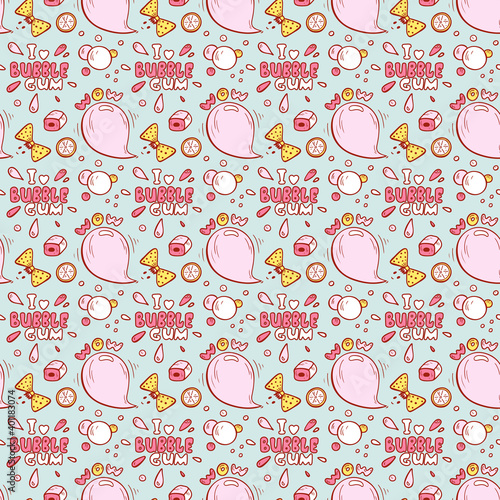 Vector Sweets. Bubble Gum, Fruits, Berries Seamless pattern. Hand Drawn Doodle Chewing Gums.
