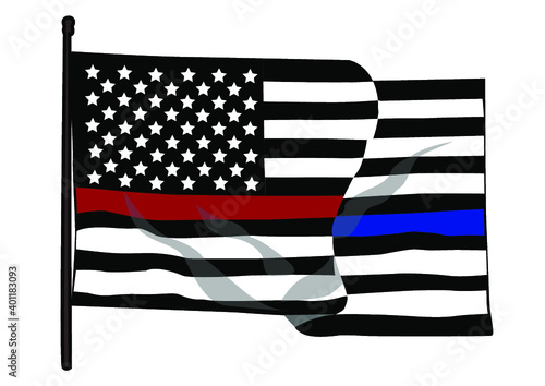 Vector illustration of USA black and white flag with with a half of thin blue and red line in honour of firefighters and law enforcement officers. Firefighters and enforcement officers lives matter.