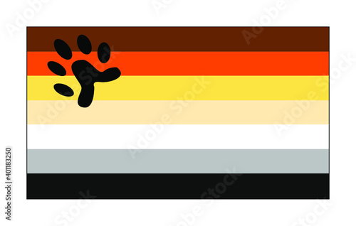 Vector illustration of flat International bear brotherhood flag on white background: coloured horizontal bars and a bear claw without claws. Bear pride community symbol.