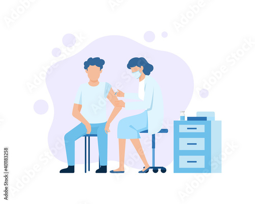 People vaccination concept for immunity health. Doctor makes an injection of flu vaccine to a man in hospital, Healthcare, medical treatment, prevention and immunize