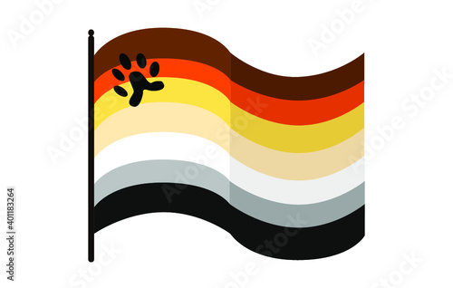 Vector illustration of waved International bear brotherhood flag on white background: coloured horizontal bars and a bear claw without claws. Bear pride community symbol.