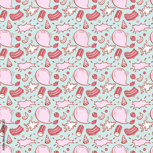 Vector Sweets. Bubble Gum, Fruits, Berries Seamless pattern. Hand Drawn Doodle Chewing Gums.
