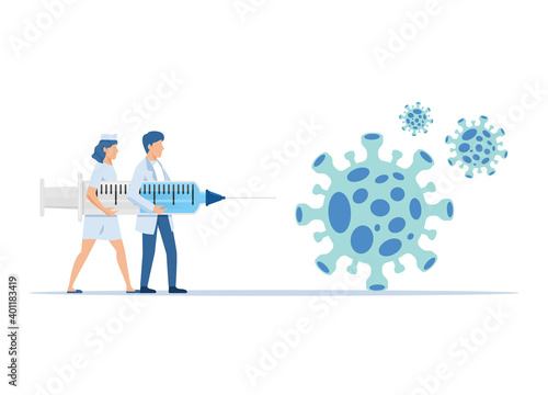 COVID-19 Virus Vaccine, syringe injection, prevention, immunization, cure and treatment for coronavirus infection, doctors carrying big syringe injecting COVID-19 Virus pathogen