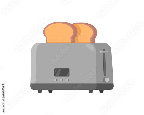 Light gray toaster with two fried pieces of white loaf prepared for a breakfast. An illustration on a white background