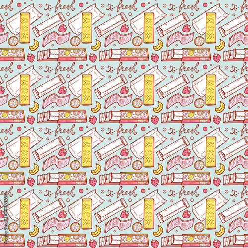Vector Sweets. Bubble Gum, Fruits, Berries Seamless pattern. Hand Drawn Doodle Chewing Gums.

