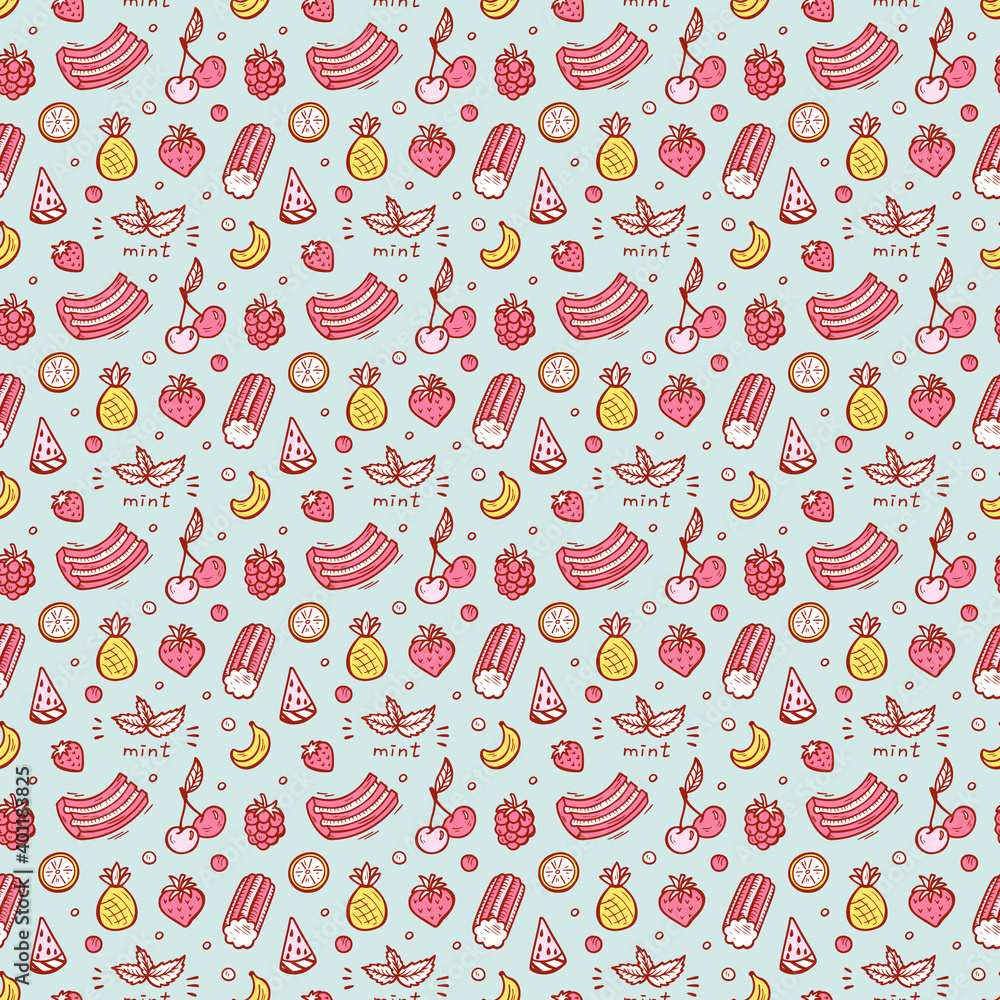 Vector Sweets. Bubble Gum, Fruits, Berries Seamless pattern. Hand Drawn Doodle Chewing Gums.
Vector Sweets. Bubble Gum, Fruits, Berries Seamless pattern. Hand Drawn Doodle Chewing Gums.