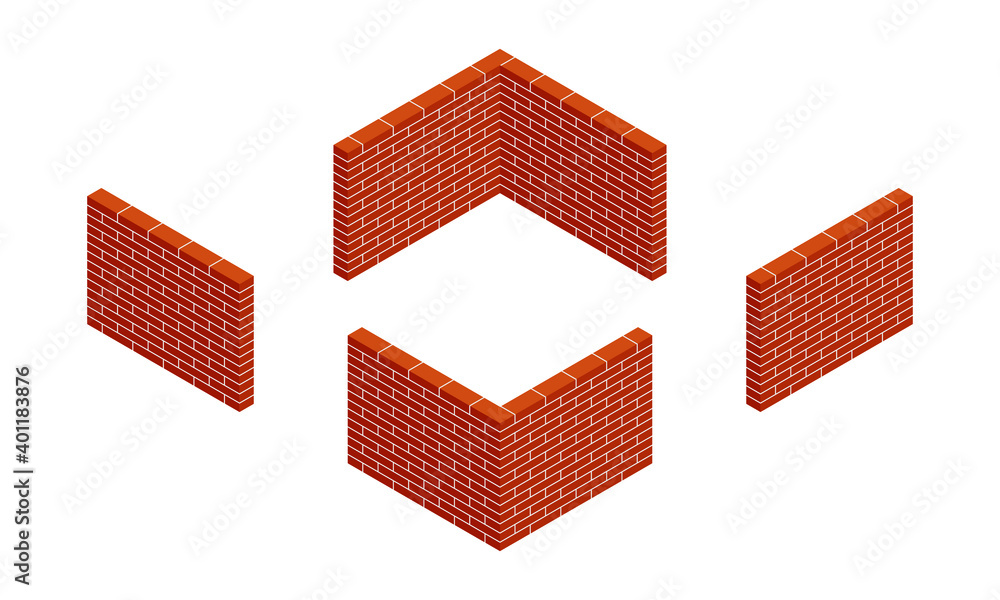 Set of isometric brick walls. New red brick walls of the house