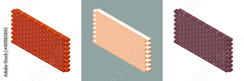 Set of brick walls with cement mortar isolated on white background. Red brick wall. White brick wall. Brown brick wall. Set of colorful isometric walls. Vector illustration. 3D.