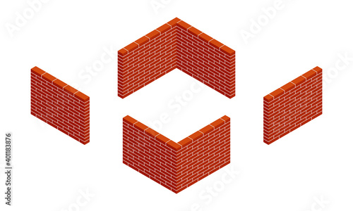 Set of isometric brick walls. New red brick walls of the house. Colorful brickwork isolated on white background. 3D. Vector illustration.
