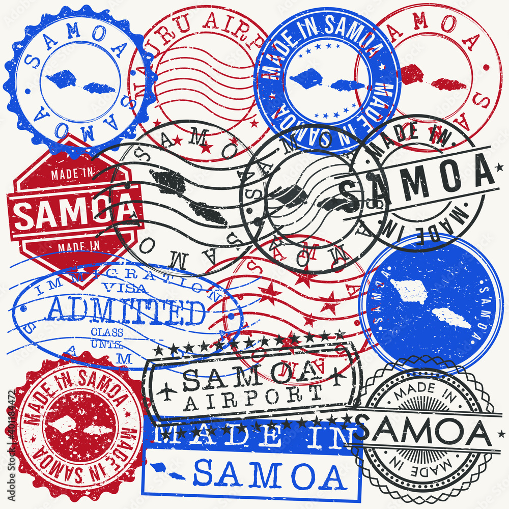 Samoa Set of Stamps. Travel Passport Stamp. Made In Product. Design Seals Old Style Insignia. Icon Clip Art Vector.