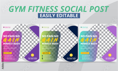 Fitness Gym Social Media Post Layout for Workout Club Membership Increasing Header, Tips & Offer Advertising Templates. Modern Geometric Sport & Bodybuilding Promo Social Media Square Web Banner.