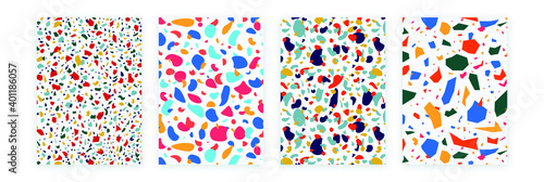 Abstract design templates with terrazzo texture. Creative magazine covers, flyers, cards, packaging and branding design. Modern vector illustration