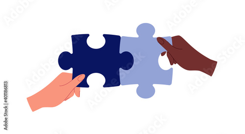 Business partnership metaphor. The concept of building a business system, solving problems, brainstorming, recruiting, teamwork, collaboration. Vector illustration in flat cartoon style.