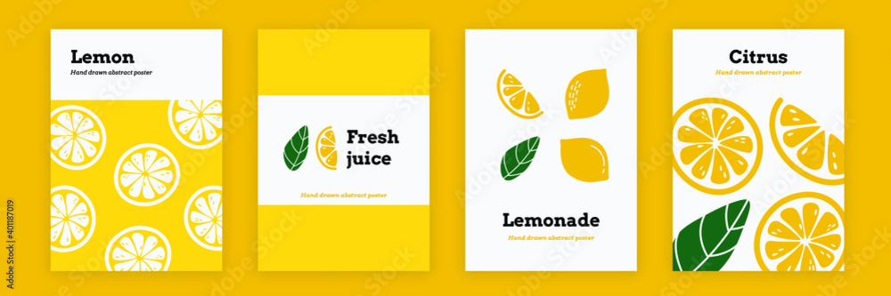 Set of backgrounds with lemons. Decorative lemonade poster for printing. Hand drawn backdrop with citrus fruits. Vector illustration design - obrazy, fototapety, plakaty 