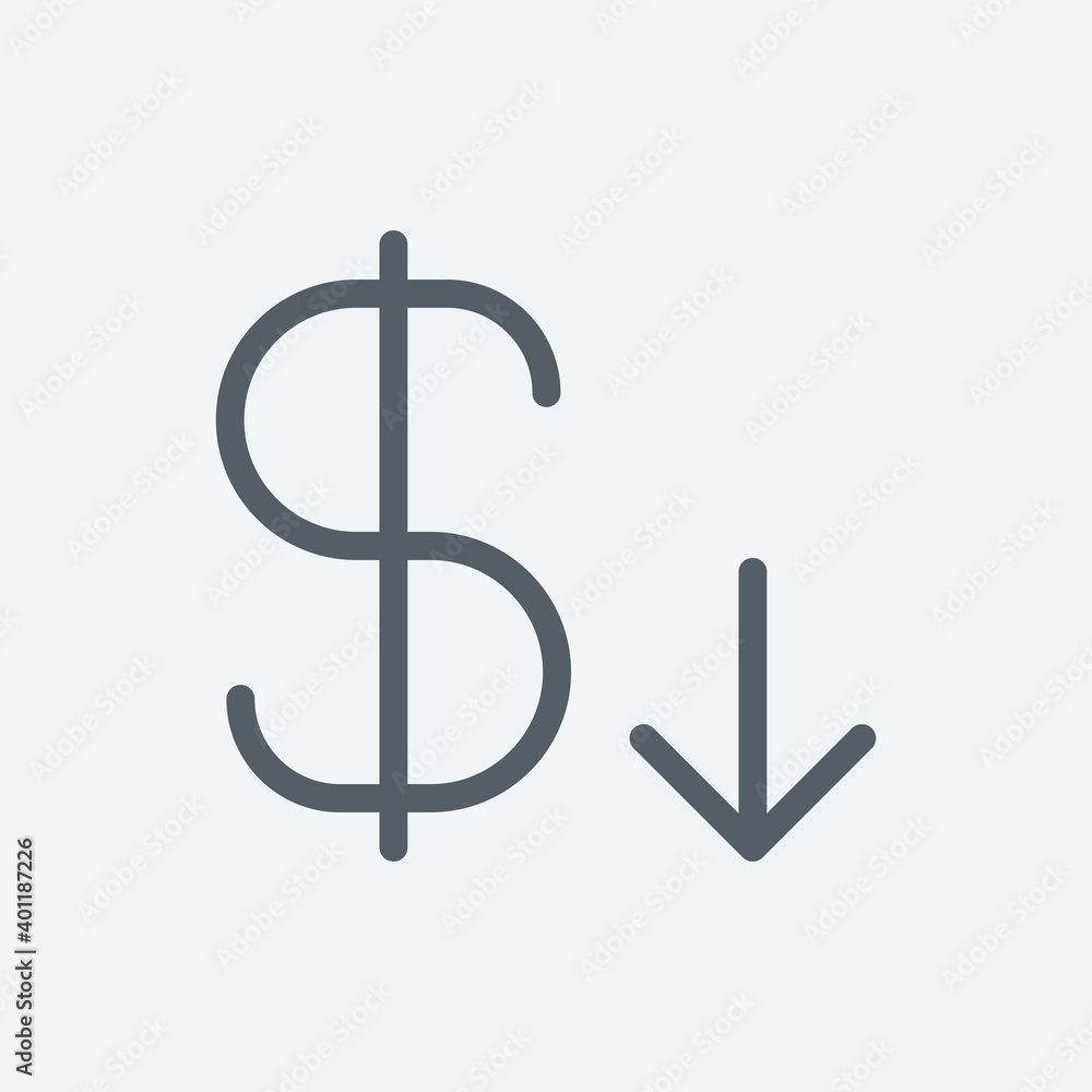 Dollar falling icon isolated on background. Currency symbol modern, simple, vector, icon for website design, mobile app, ui. Vector Illustration Dollar falling icon isolated on background. Currency symbol modern, simple, vector, icon for website design, mobile app, ui. Vector Illustration