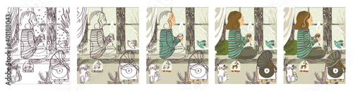 Girl on the windowsill at the winter window. Step-by-step image of the illustration from graphics to color scheme.