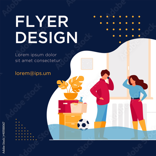 Family couple walking ankle deep in water at home, calling plumber service to fix broken pipes. Vector illustration for overflow, flooded house, emergency concept