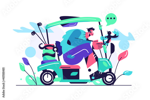 Guy with glasses rides a big golf car, boxes of golf clubs, bird holds on to handrail isolated on white background, flat vector illustration