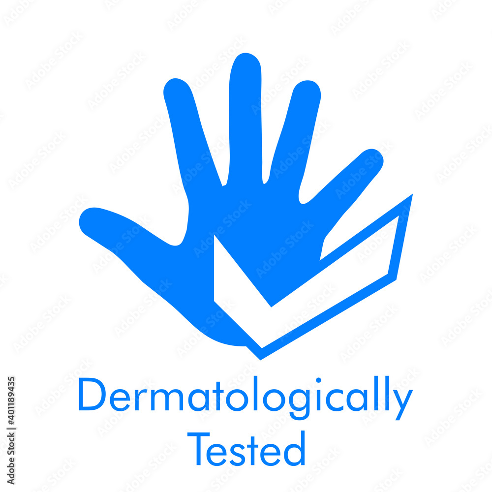 Fototapeta premium Logotipo con texto Dermatologically Tested con silueta de mano con símbolo aprobado en color azul